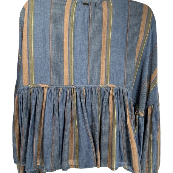 O’NEILL Rosie Top Sz L Navy Blue Striped Front Tie Balloon Sleeve Ruffle Viscose - Picture 6 of 10
